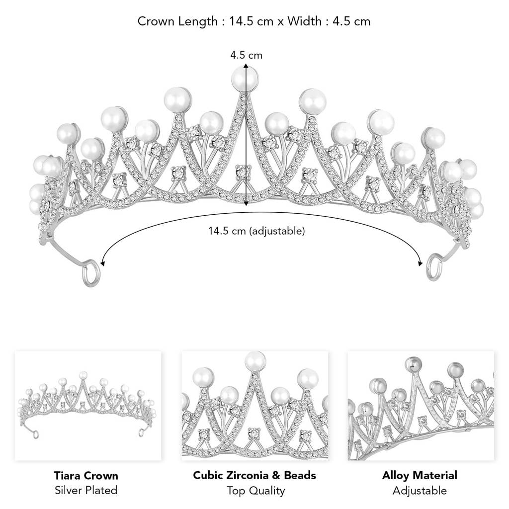 Silver Plated Cubic Zirconia & Pearl Studded Princess Tiara Crown Hair Accessory For Girls & Women : PX9CW04