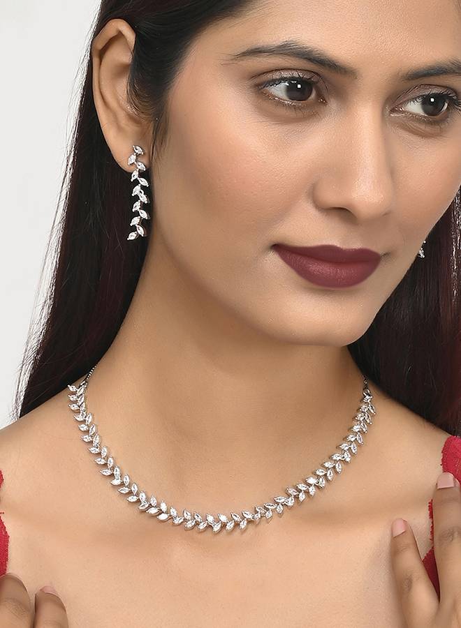 Marquise Cut Cz Adorned Brass Silver Plated Jewellery Set : 8905124464955
