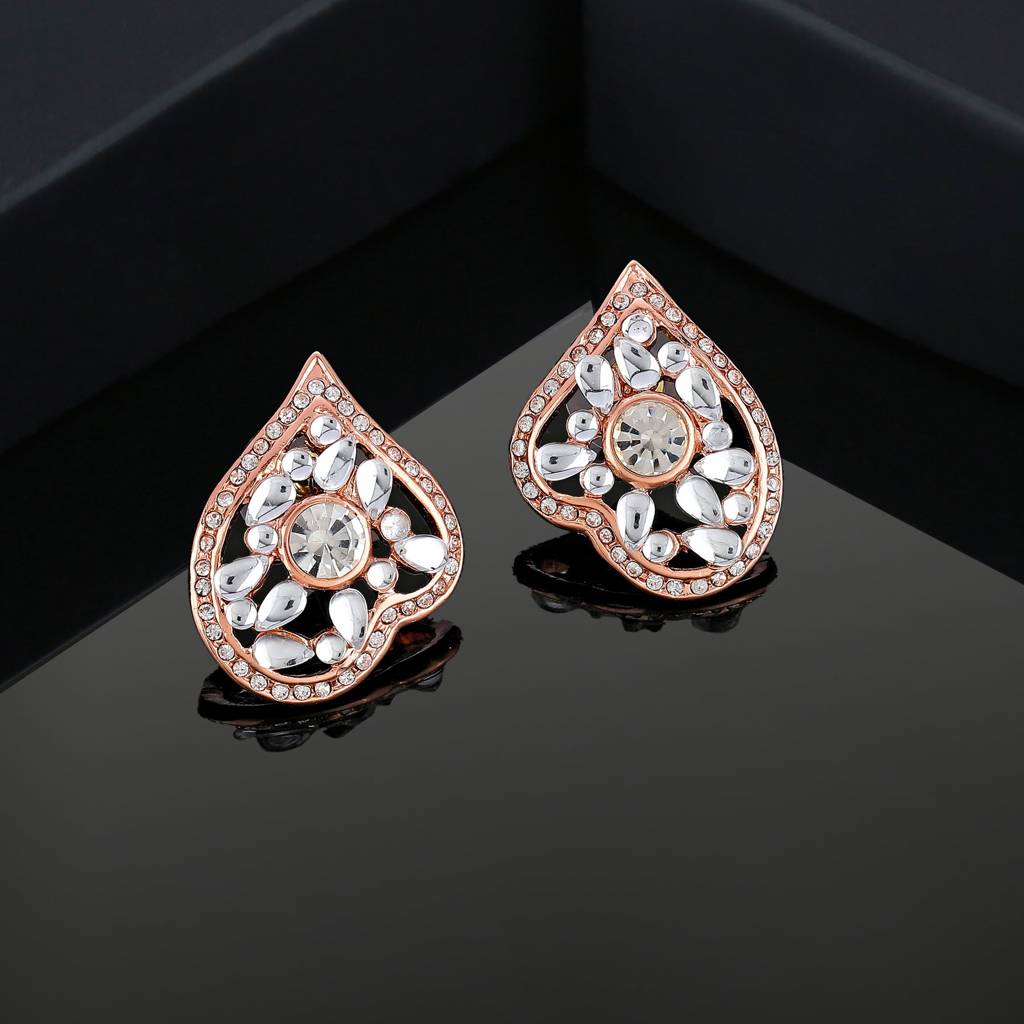 Estele Rosegold Plated Leaf Shaped Stud Earrings With Kundan For Women : 747705-RGER