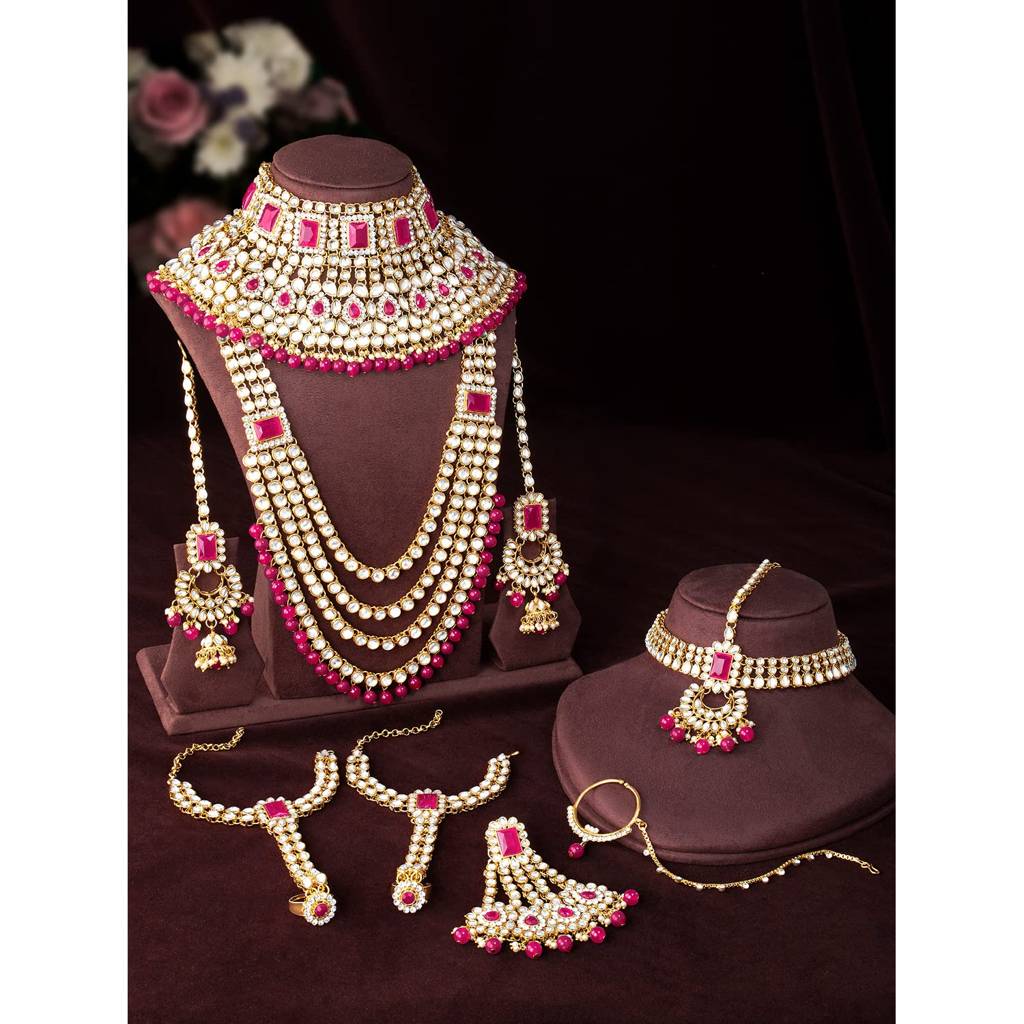 Ethnic Traditional Gold Plated Kundan Studded Dulhan Bridal Jewellery Set With Choker Earrings Maang Tikka Hathph : PF36BR02RP