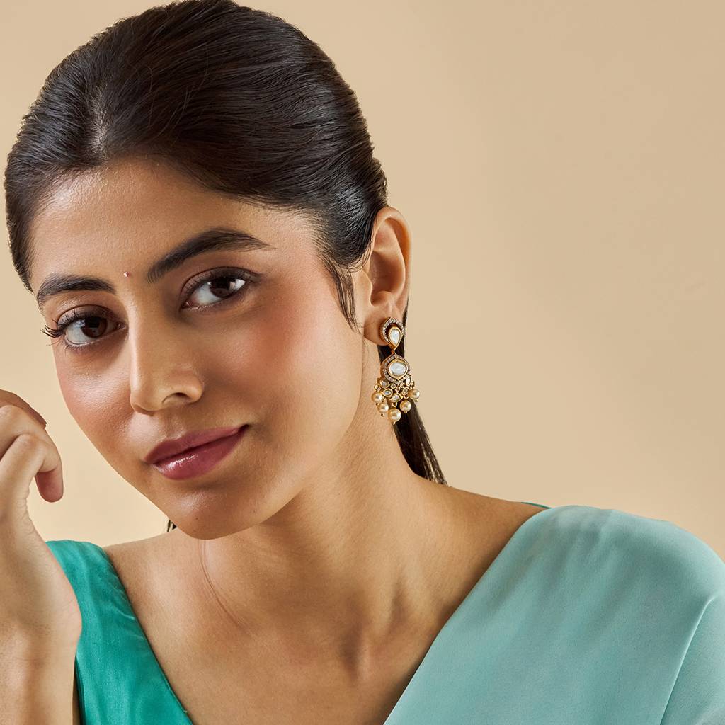 Kushal'S Fashion Jewellery White Victorian-Plated Ethnic Kundan  Drop Earrings -176311 : 422607