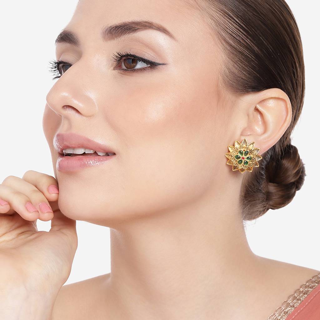Estele Gold Plated Flower Designer Matte Finish Stud Earrings With Multi-Color Crystals For Women : AD-116712-IGMCER