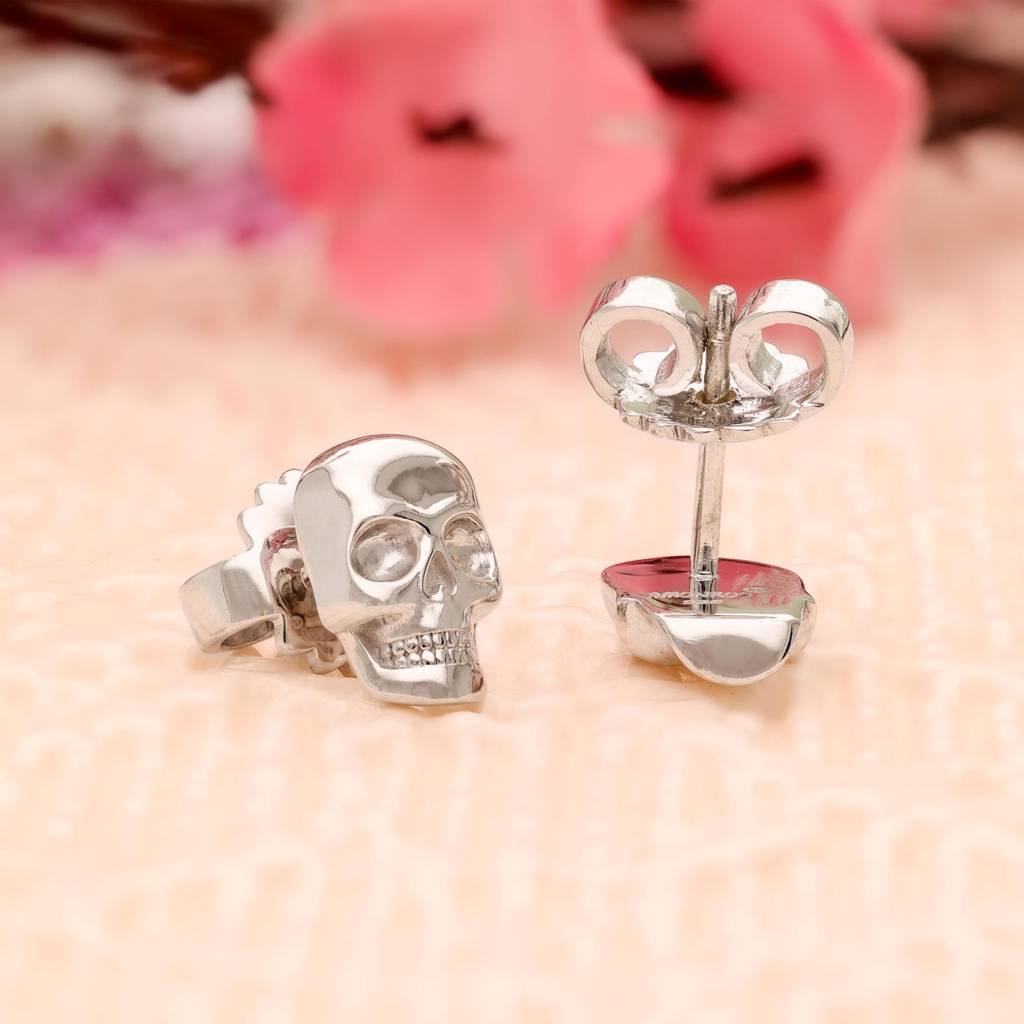 Sterling Silver Skull Stud Earrings For Women : SE_000568