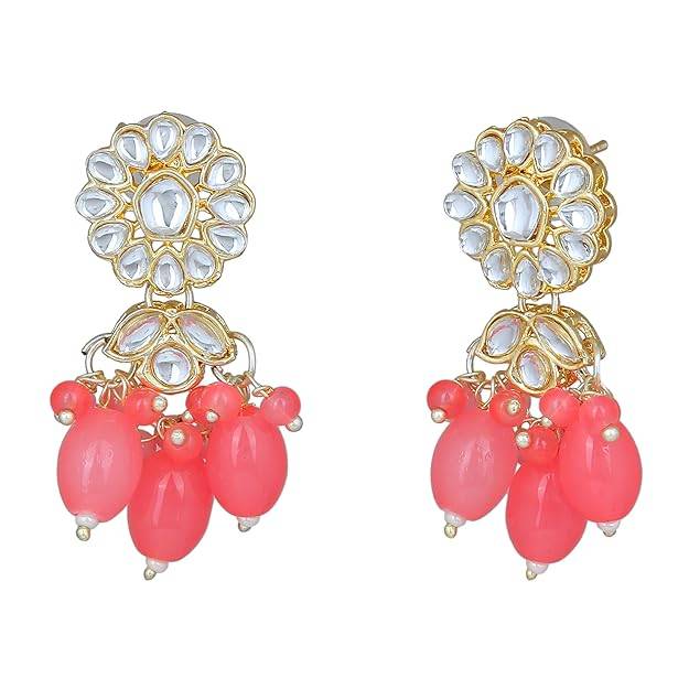 Estele Gold Plated Flower Designer Gehena Drop Earrings With Mint Pink Beads For Women : PJ-003-IGMPER