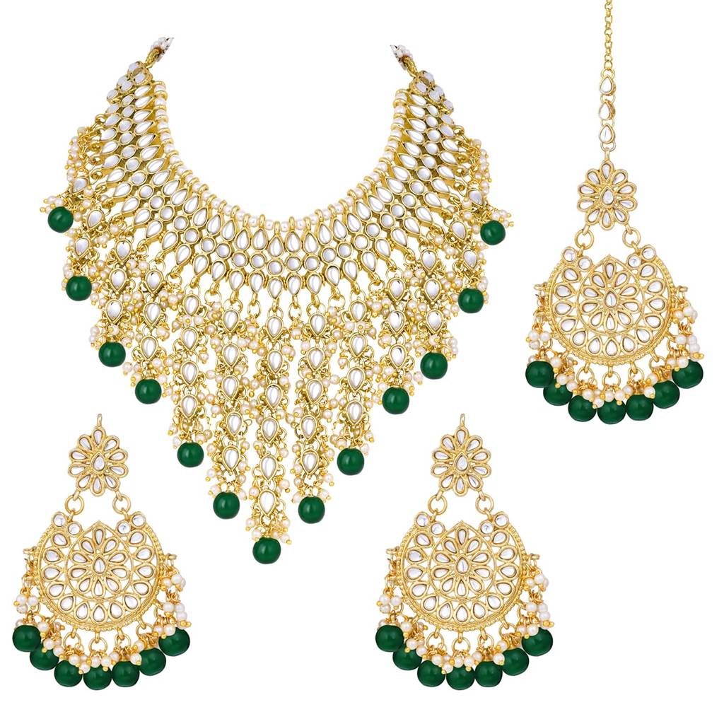 Traditional Kundan & Pearl Drop Bridal Dulhan Necklace Earring With Maang Tikka Jewellery Set For Women Girls-Pf2 : PF25N1177G