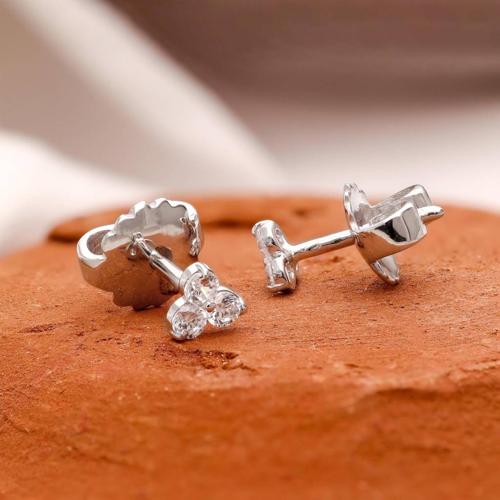 925 Silver Three Stone Cluster Stud Earrings Â Dainty Sparkly Floral Jewelry : SE_000629