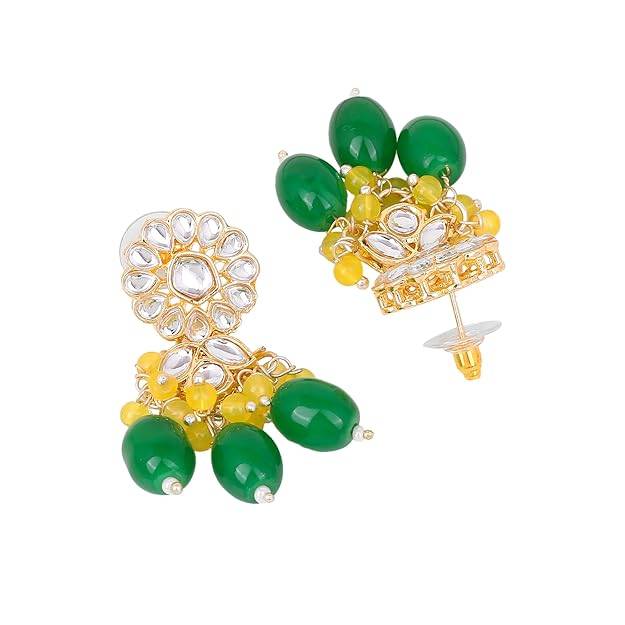 Estele Gold Plated Flower Designer Gehena Drop Earrings With Yellow & Green Bead For Women : PJ-003-IGYLGNER