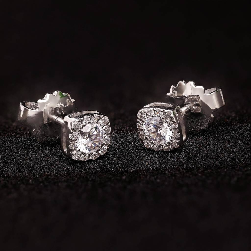 925 Silver Square Halo Cz Stud Earrings | Sparkly Gift For Mother Or Sister Jewelry : SE_000736