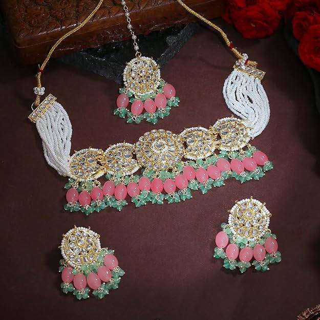 Estele Gold Plated Splendid Gehena Necklace Set & Maang Tikka With Mint Pink Beads For Women : PJ-041-IGMGMPNKERTK