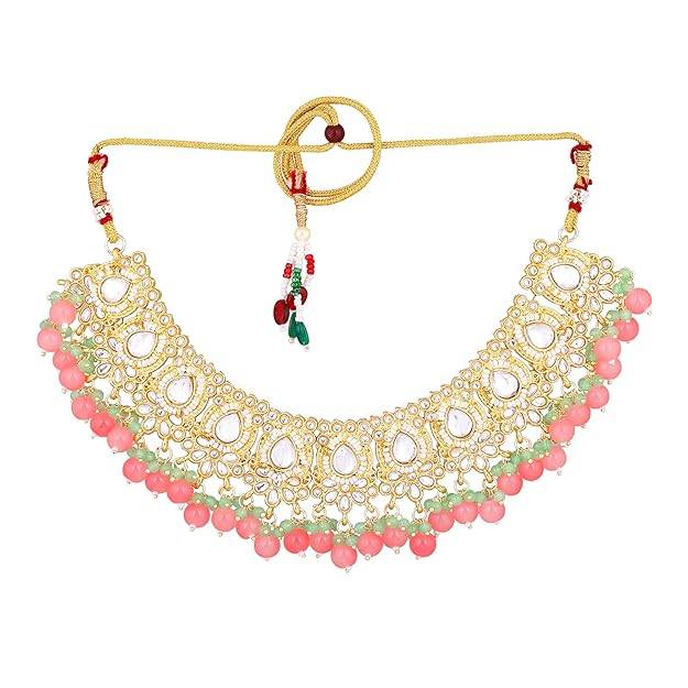 Estele Gold Plated Admirable Gehena Necklace Set & Maang Tikka With Mint Pink Beads For Women : PJ-039-IGMGMPNKERTK