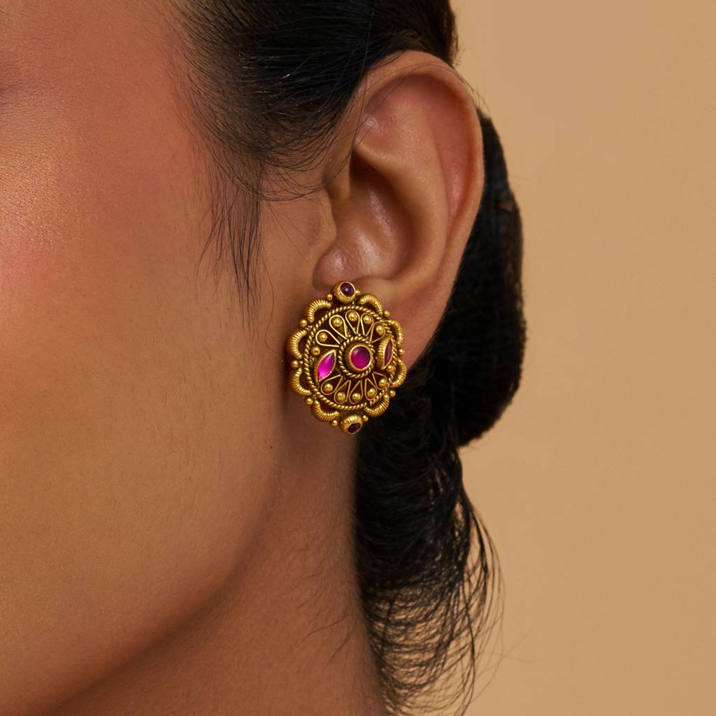 Kushal'S Fashion Jewellery Oxidised Gold-Plated Ethnic 92.5 Pure Silver Temple Studs-177452 : 425386