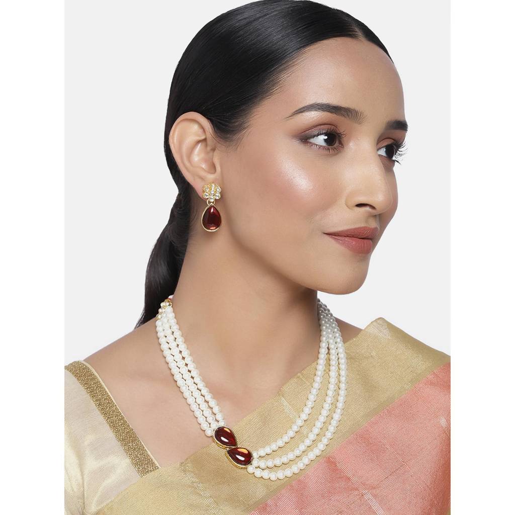 Pearl Mala Necklace & Earrings For Women Girls Traditional Ethnic Jewellery Set-Pf26N1145 : PF26N1145M