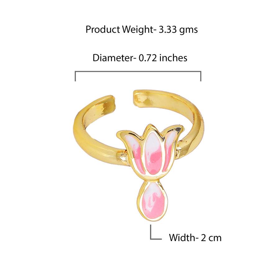 Estele Gold Plated Pink Enamel Lotus Designer Adjustable Finger Ring For Girl'S & Women : AD-145-IGRING