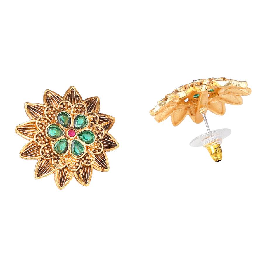 Estele Gold Plated Flower Designer Matte Finish Stud Earrings With Multi-Color Crystals For Women : AD-116712-IGMCER