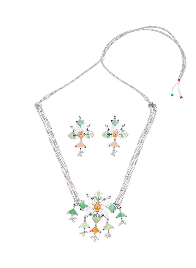 Festive Hues Enamelled Floral Patterns Silver Plated Jewellery Set : 8905124458916