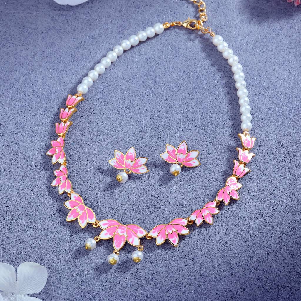 Estele Gold Plated Fascinating Lotus Designer Pearl Necklace Set With Pink Enamel For Girl'S & Women : 10196-IGNKER