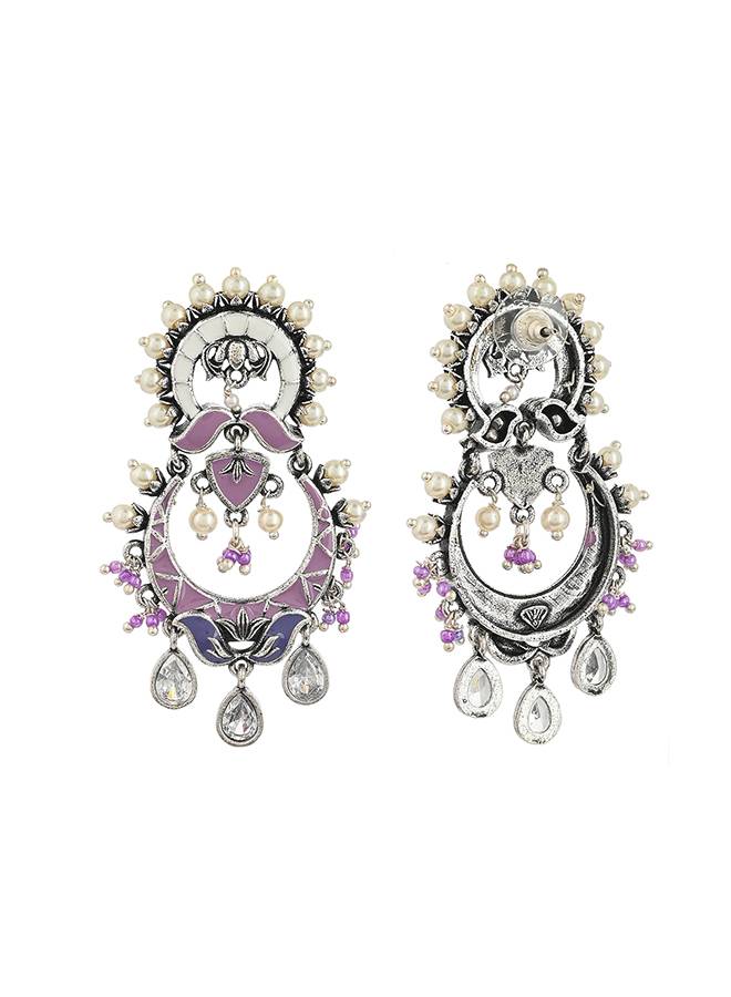 Shwet Kamal Floral Motifs Faux Pearls And Kundan Adorned Silver Plated Earrings : 8905124464474
