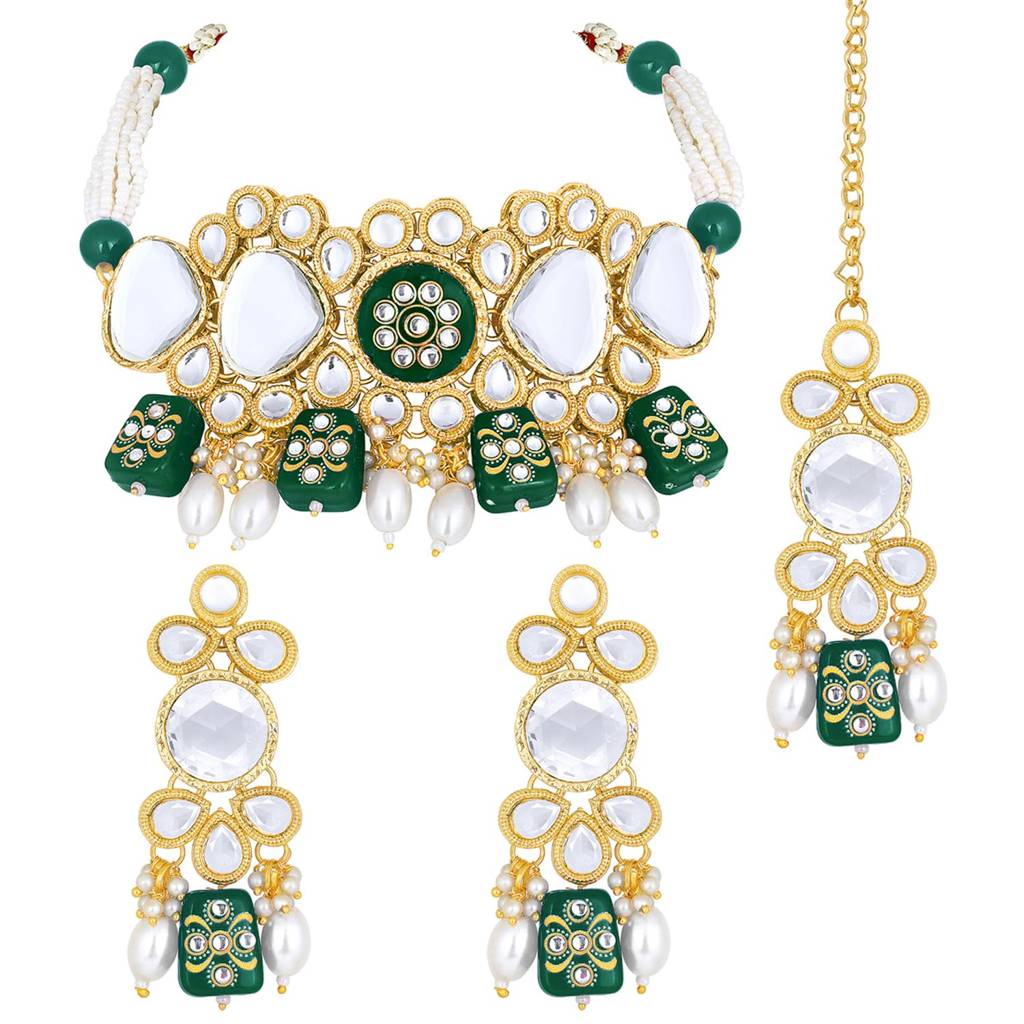 Gold Plated Kundan Beads Studded Choker Necklace Dangle Earrings & Maangtikka Set Ethnic Fashion Jewellery Gift Fo : PF25N080G