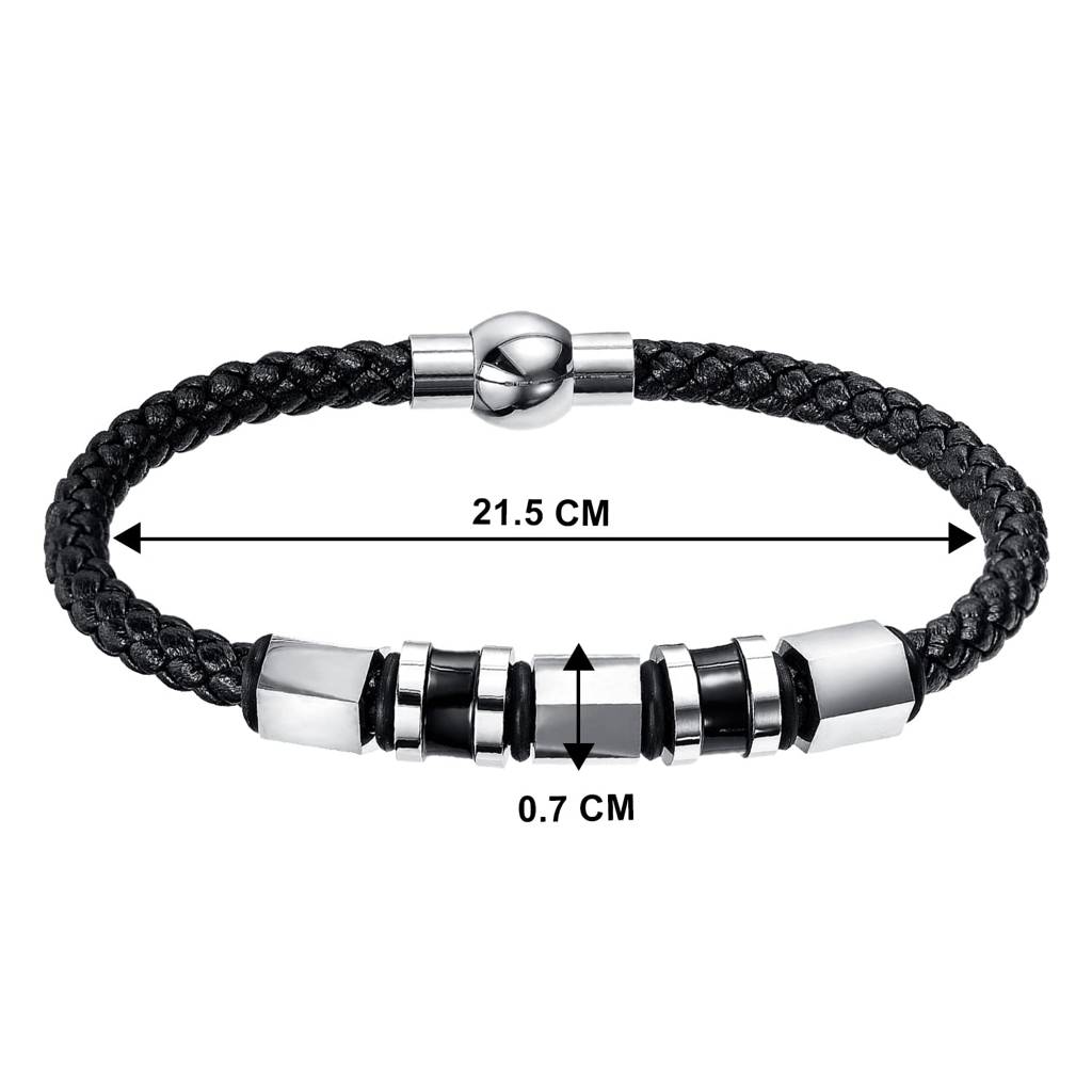Black Leather Bracelet Silver Plated Stainless Steel Metal Stylish Design Fashion Jewellery For Men & Boys (Px9Lb44) : PX9LB44