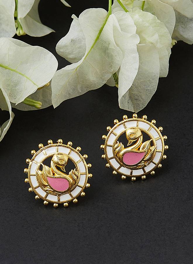 Shwet Kamal Enamelled Peacock Motif Gold Plates Stud Earrings : 8905124444681