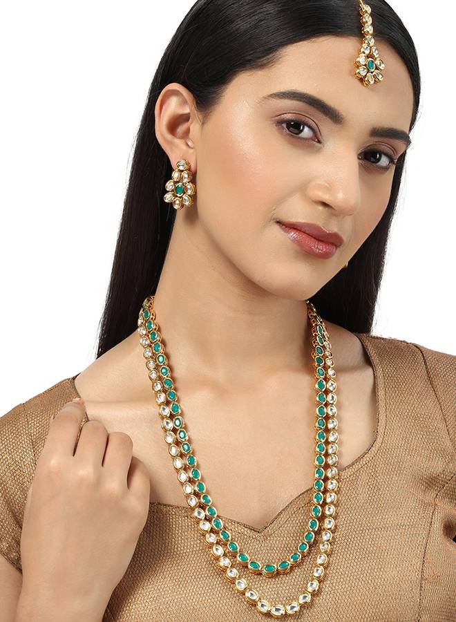 Kundan Gold Plated Long Necklace Set With Green Stones : 8905124438055