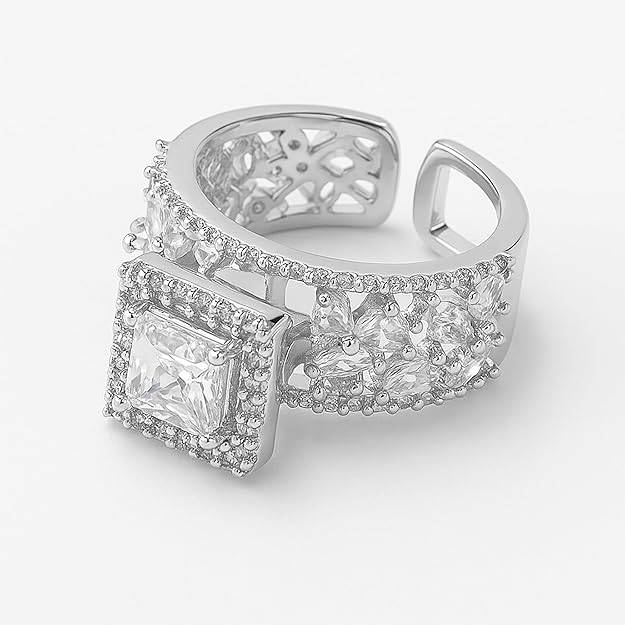 Silver Finish Cz Finger Ring For Women | Princess-Cut Stone | Adjustable Band : OSAK001-IRWERING