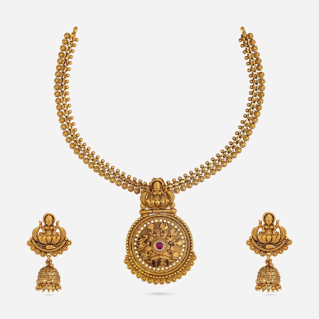Ruby Gold-Plated Ethnic Antique Necklace Set-444824 : 444824