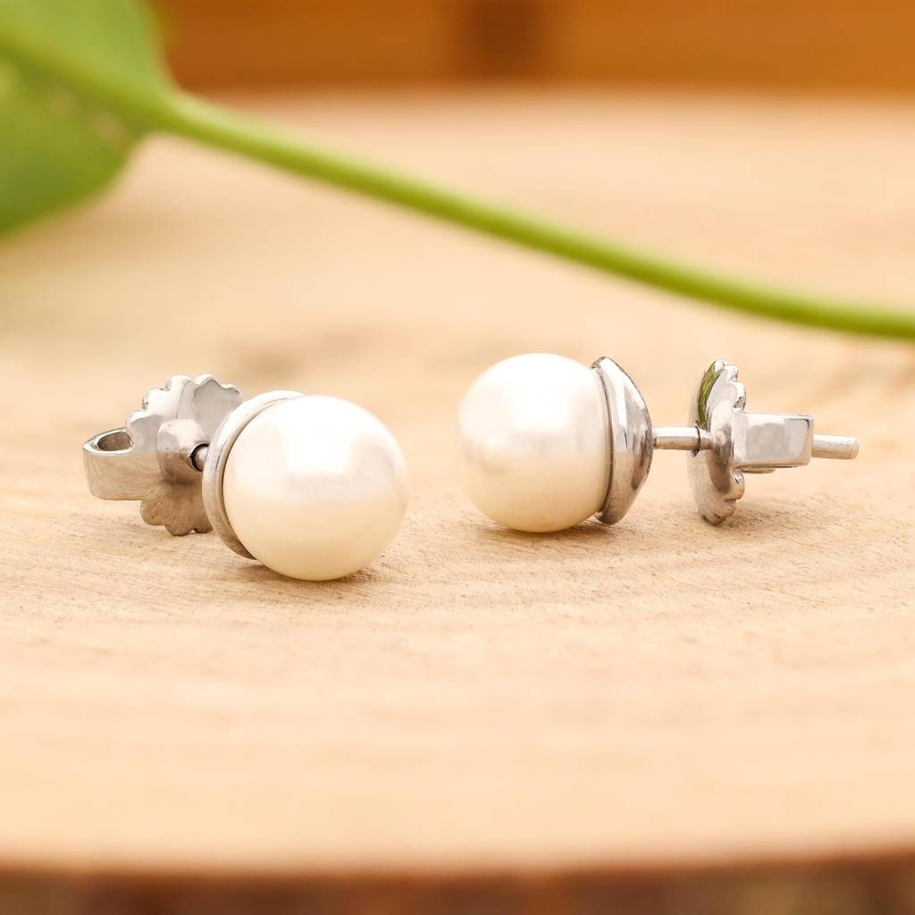 925 Silver Pearl Stud Earrings Â Classic White Round Elegant Bridal Jewelry : SE_000616