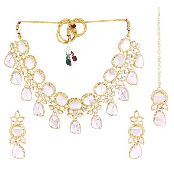 Estele Gold Plated Dazzling Kundan Gehena Necklace Set With Maang Tikka For Women : PJ-036-IGWENKERTK