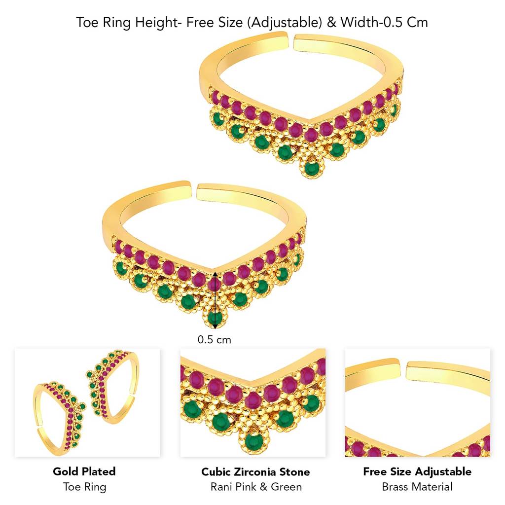 Rani Pink Green Cubic Zirconia Studded Fancy Toe Ring Adjustable Gold Plated Bichiya Fashion Jewellery For Women : PF30TR15RPG