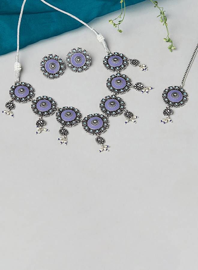 Arabian Nights Floral Motifs Faux Pearls Brass Oxidised Plated Maang Tika Set : 8905124444537