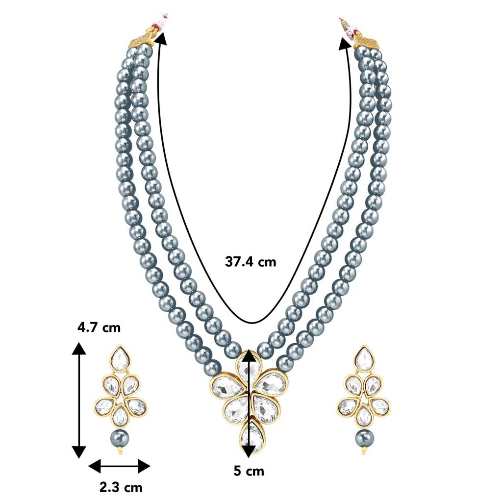 Crystal Faux Pearl Long Necklace With Drop Earrings Traditional Ethnic Jewellery Set For Women Girls-Pf24N184 : PF24N184DGRY