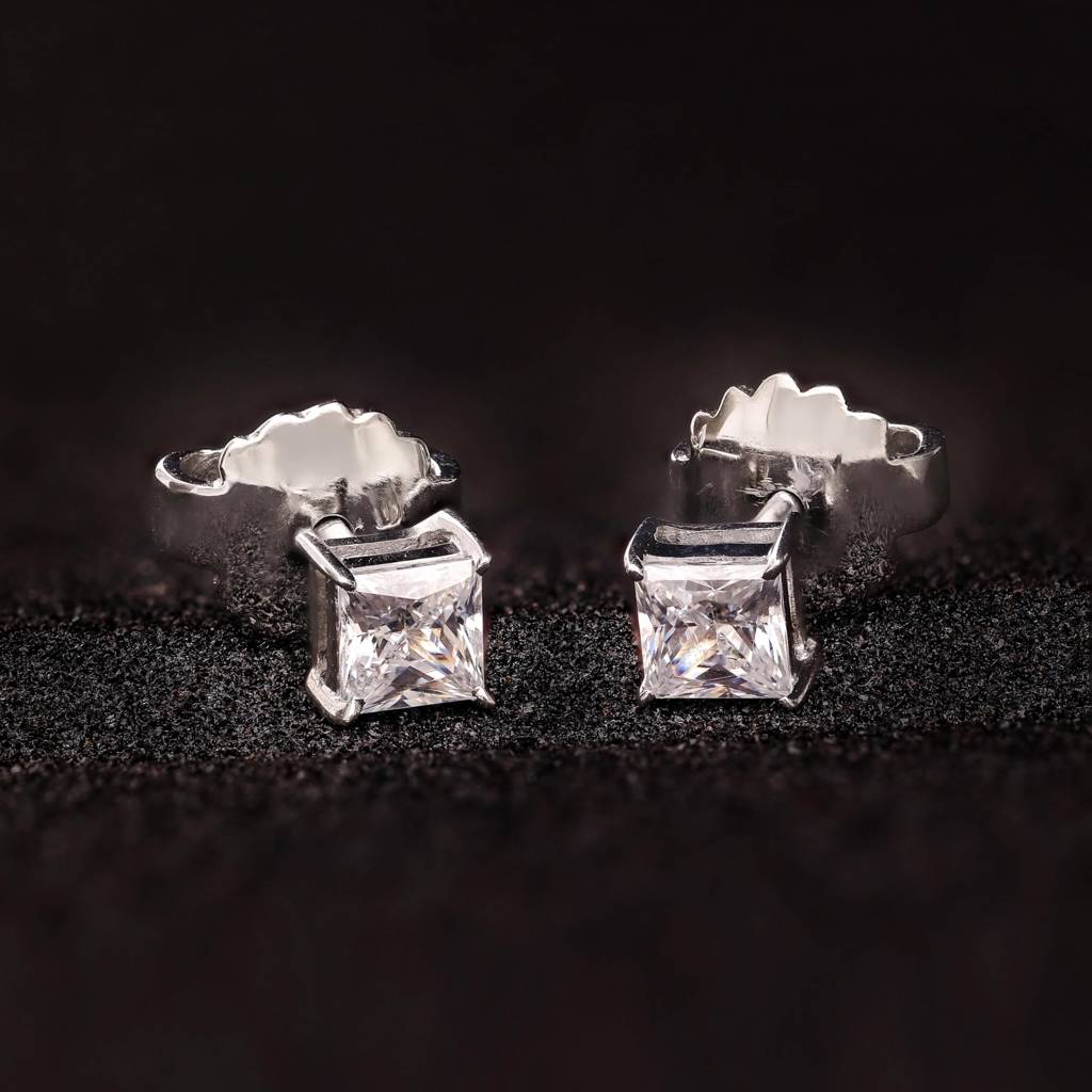 925 Silver Princess Cut Cz Stud Earrings | Square Sparkle Minimalist Jewelry Gift : SE_000742