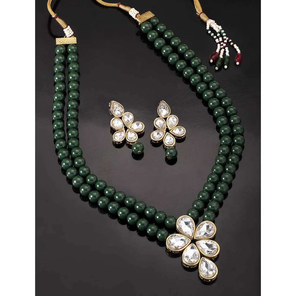 Crystal Faux Pearl Long Necklace With Drop Earrings Traditional Ethnic Jewellery Set For Women Girls-Pf24N184 : PF24N184G