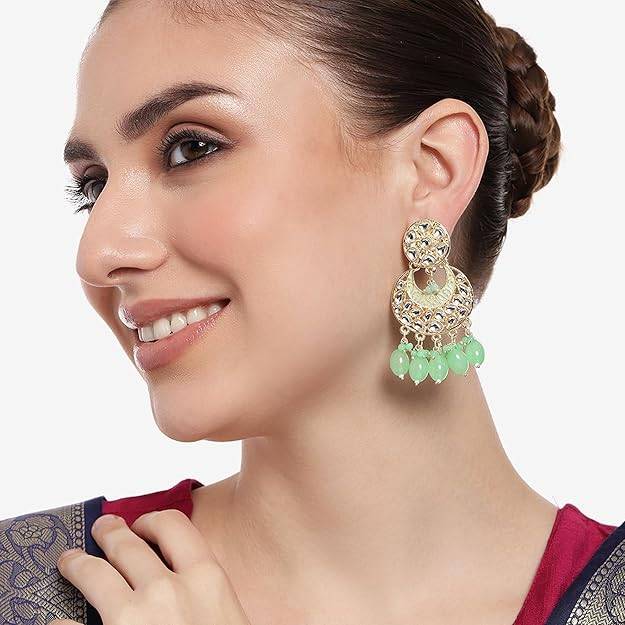Estele Gold Plated Fascinating Gehena Chandbali Earrings With Mint Green Beads For Women : PJ-006-IGMGER