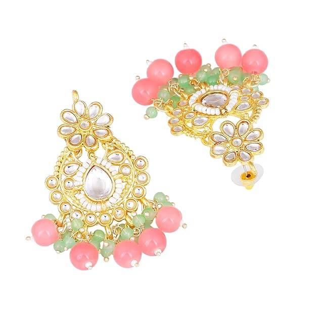 Estele Gold Plated Admirable Gehena Necklace Set & Maang Tikka With Mint Pink Beads For Women : PJ-039-IGMGMPNKERTK