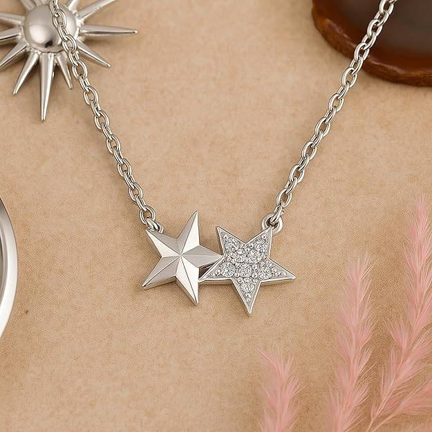 Rhodium Finish Double Star Pendant Necklace With Crystal Detailing For Women & Girls : OSAK038-IRWEPENDANT