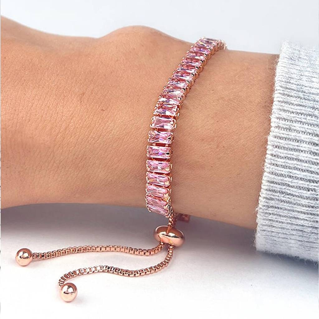 Rose Gold Plated Baguette Stone Studded Adjustable Tennis Bracelet Stylish Fashion Jewellery For Women & Girls-Px8 : PX8B80CPK