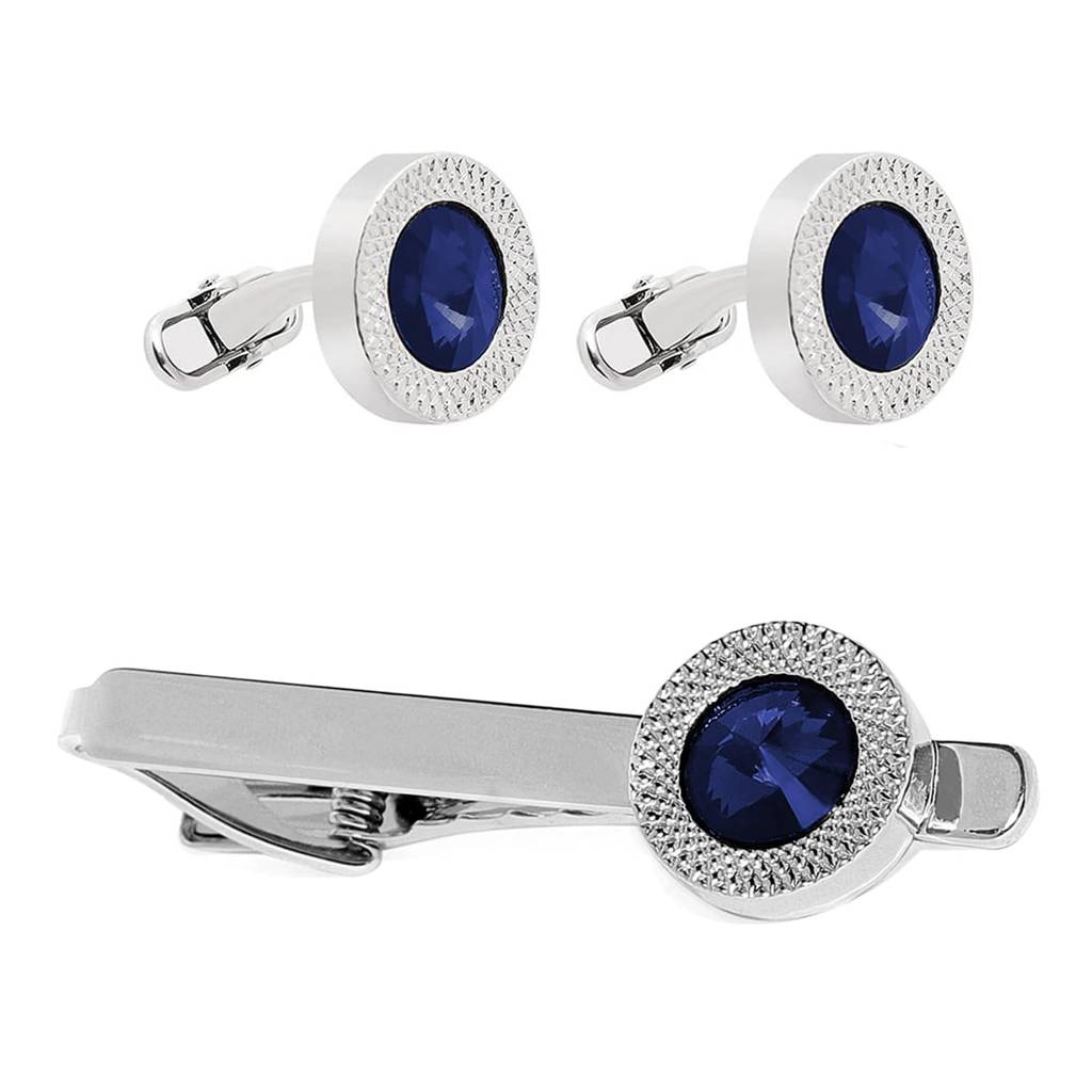 Silver Plated 316L Stainless Steel Blue Stone Classic Cufflinks & Tie Pin Set For Men Formal Business Accessories G : PX9TCL10