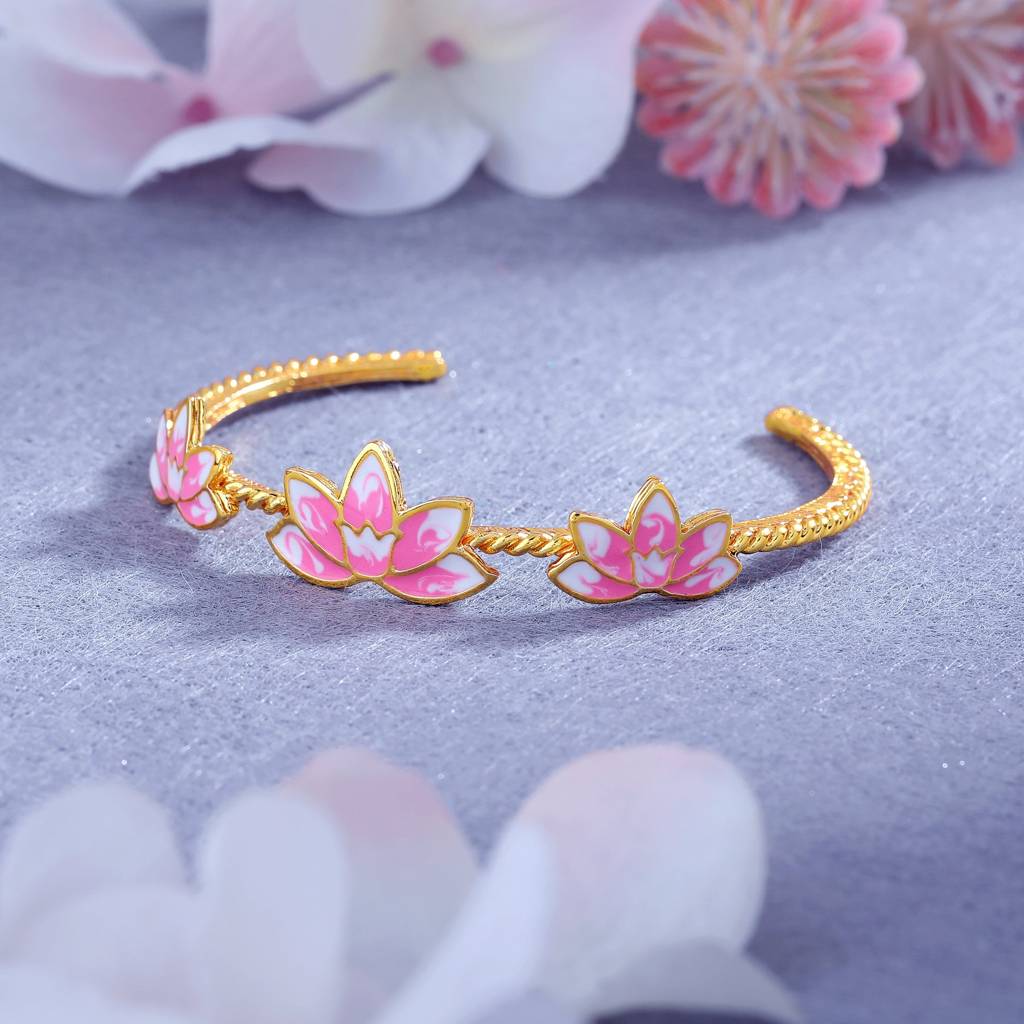 Estele Gold Plated Pink Enamel Lotus Designer Charming Cuff Bracelet For Girl'S & Women : AD-061-IGBR