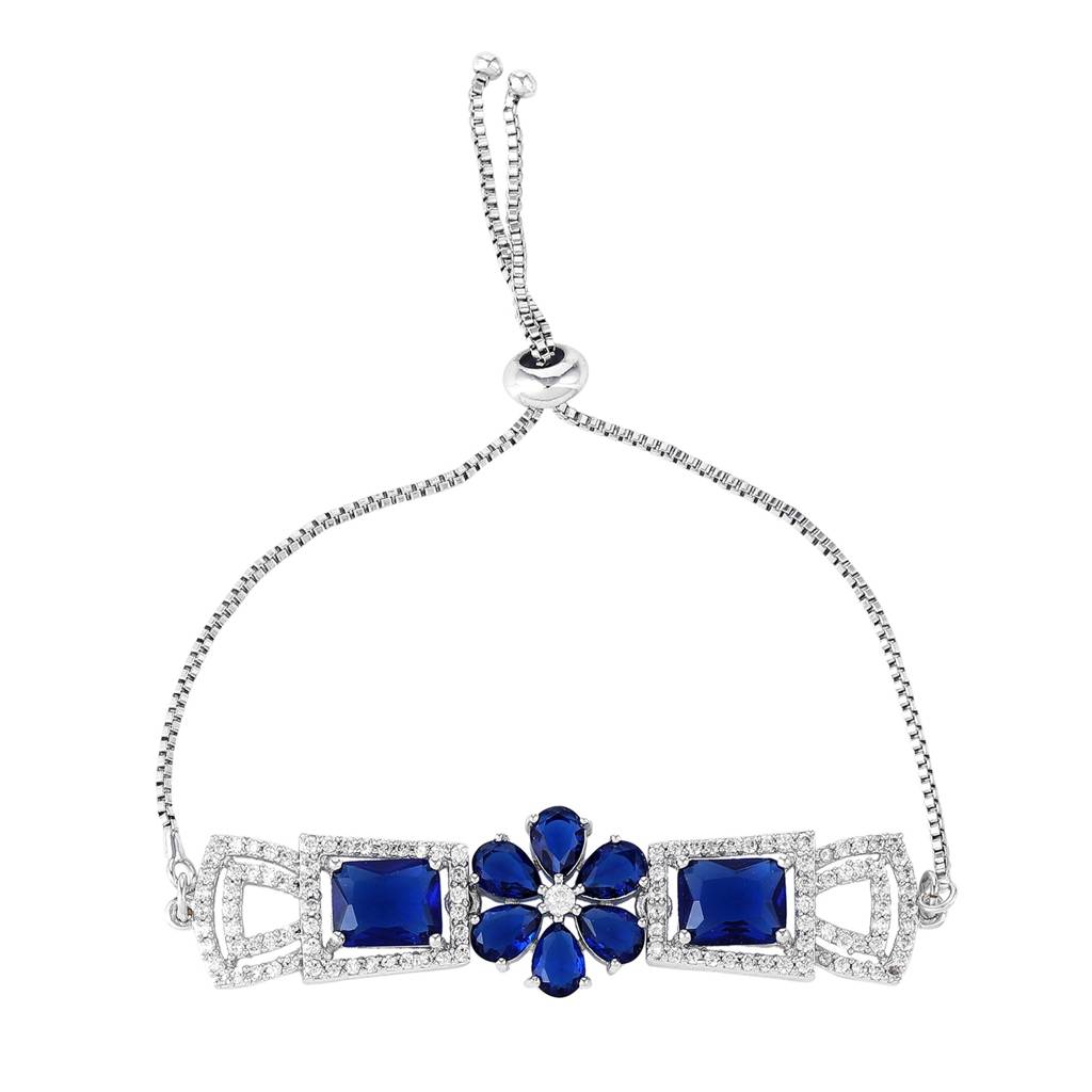 Estele Rhodium Plated Exquisite Floral Motif Enhanced Adjustable Charm Bracelet With Classic Blue American Dia : AD-068-IRBLBR
