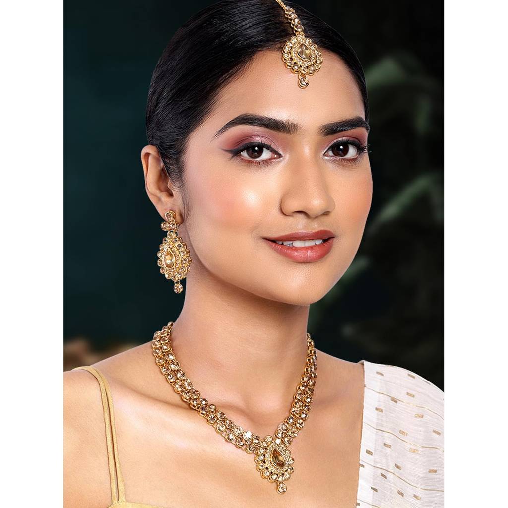 Gold Plated American Diamond Long Necklace Jewellery Set With Maang Tikka And Earrings For Women Girls (Gold) : PF37NIJ244LCT