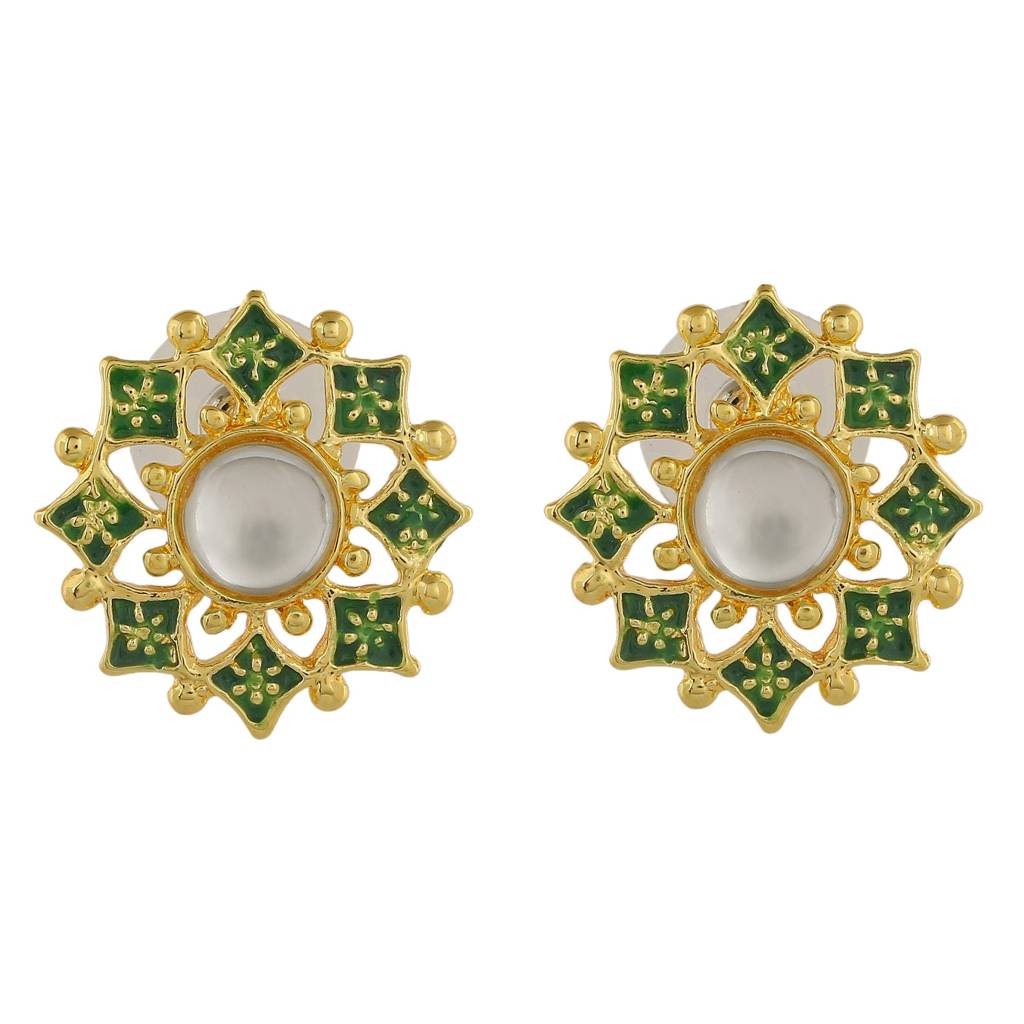 Estele Gold Plated Green Meenakari Kundan Stud Earrings For Women : 798702-IG-AER