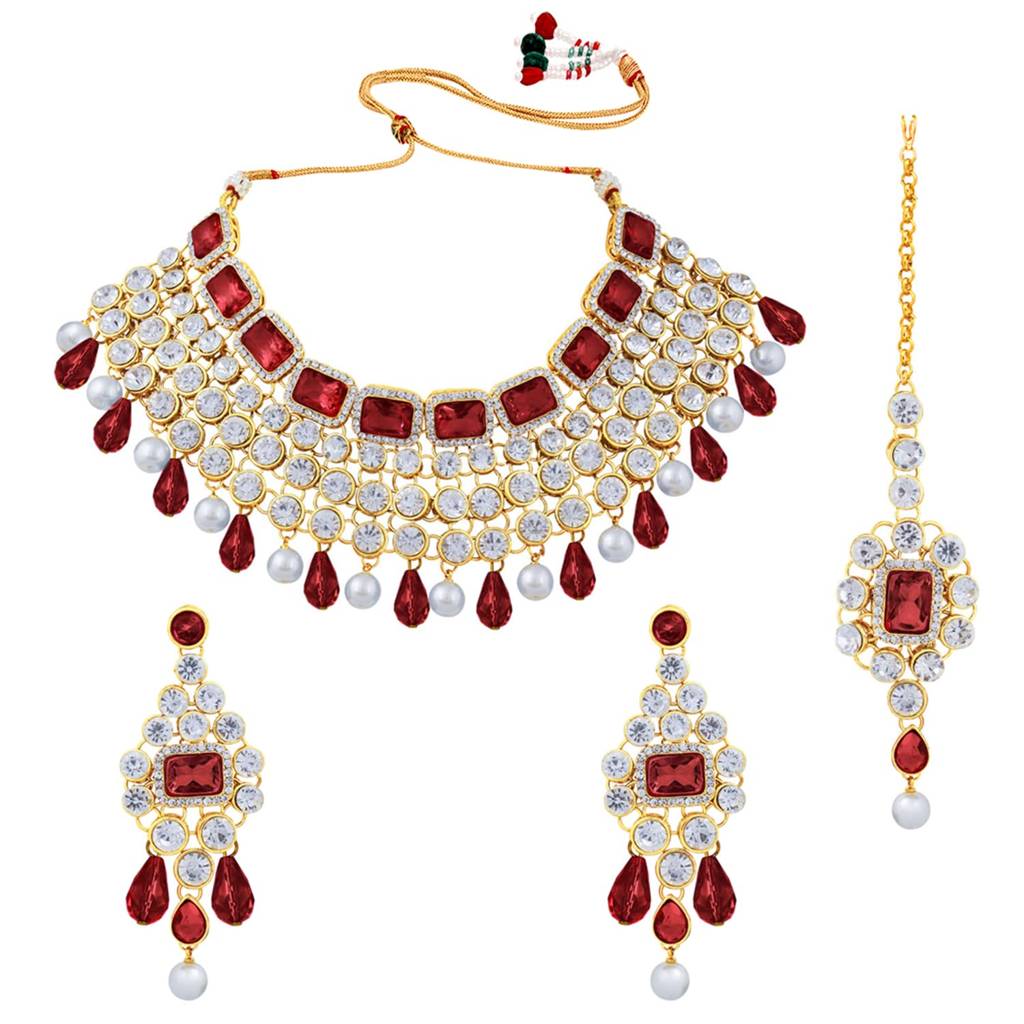 Crystal Choker Necklace With Maang Tikka Earrings Indian Traditional Bridal Wedding Jewellery Set For Women Girls- : PF25N708M
