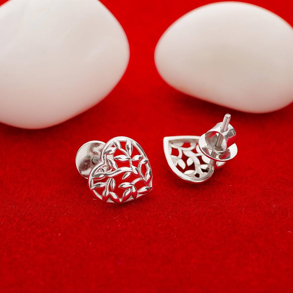 925 Silver Filigree Heart Stud Earrings | Intricate Leaf Design Romantic Jewelry Gift : SE_000750