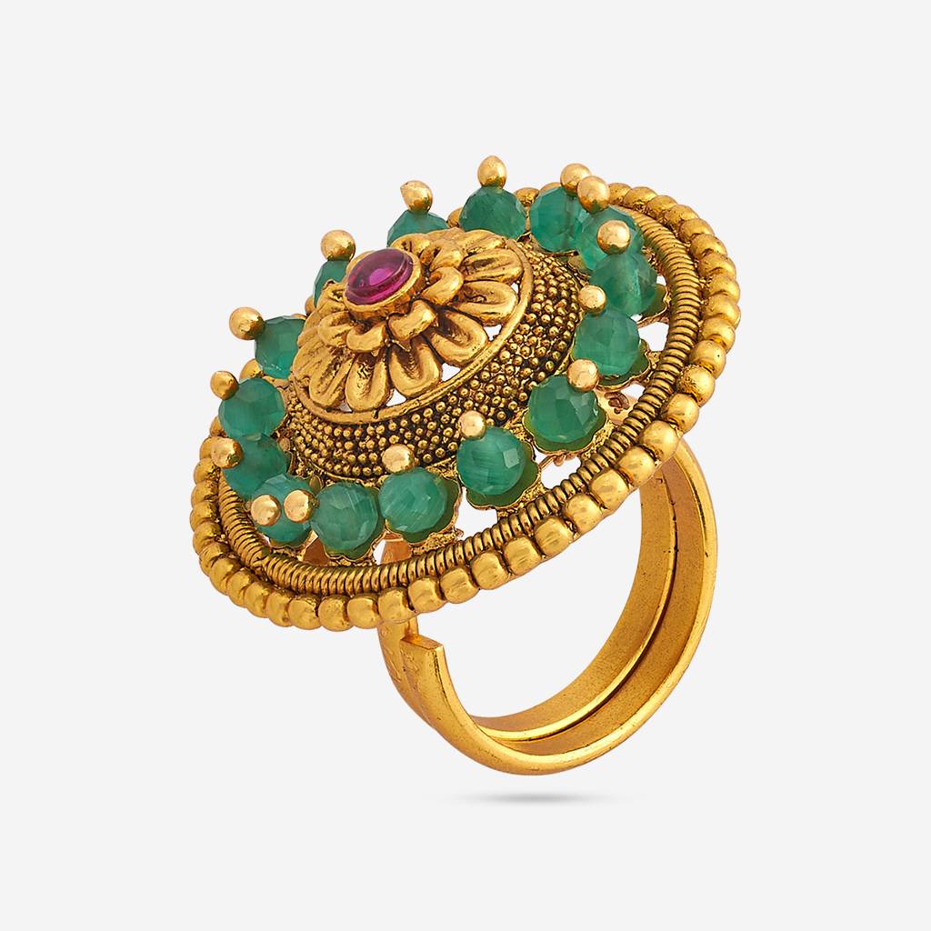 Ruby-Green Gold-Plated Ethnic Antique Finger Ring-447882 : 447882
