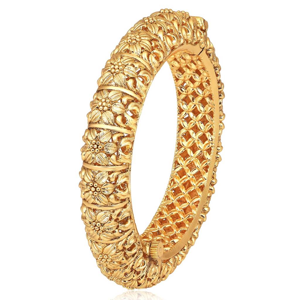 Gold Plated Single Piece Openable Floral Kada Bangle Traditional Jewellery For Women-Pf74B92-S1 : PF74B92-S1-4