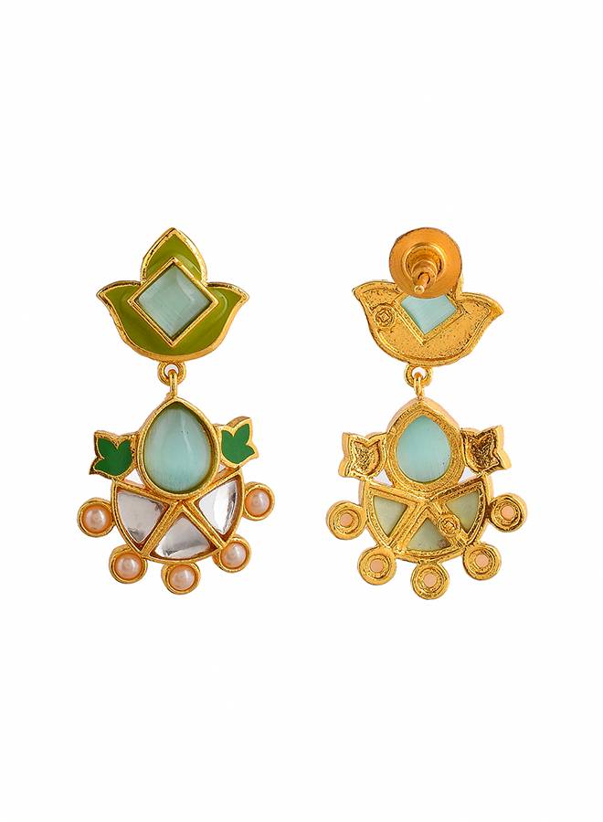 Forever More Green Enamelled Floral Pearls And Green Stones Earrings : 8905124498363