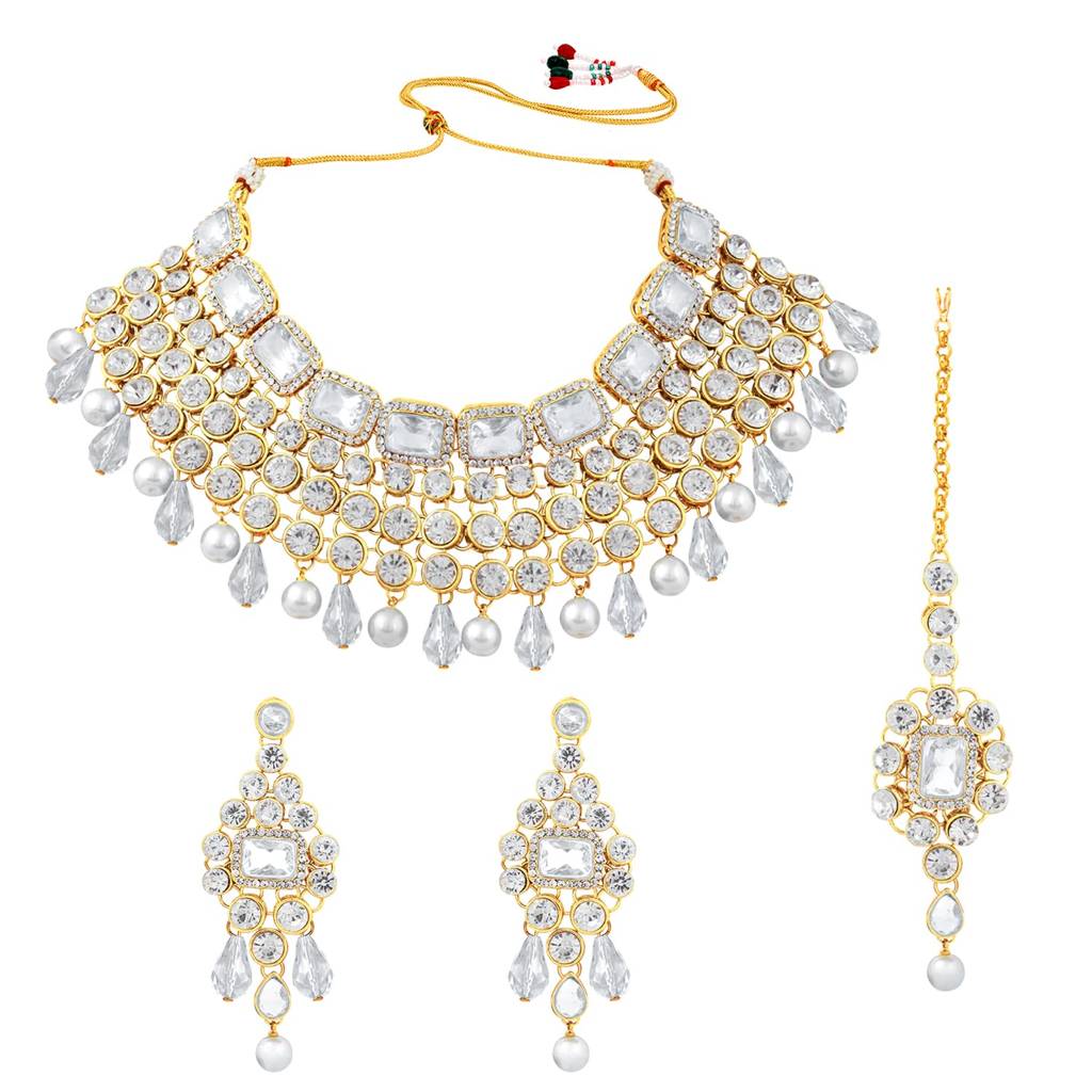 Crystal Choker Necklace With Maang Tikka Earrings Indian Traditional Bridal Wedding Jewellery Set For Women Girls- : PF25N708W
