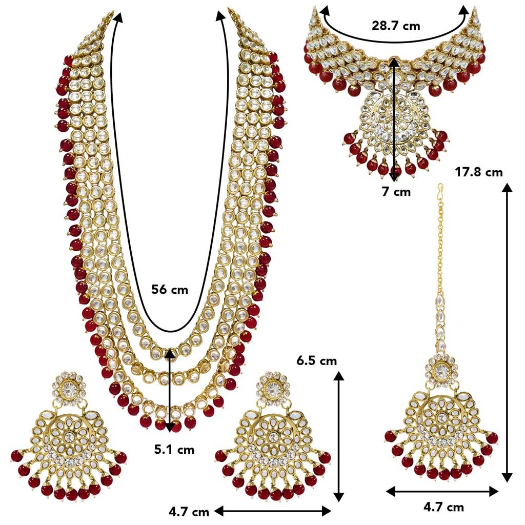 Gold Plated Kundan Faux Bead Bridal Long Necklace Choker Earrings Maangtikka Jewellery Set For Women Girls-Pf25Br : PF25BR106M